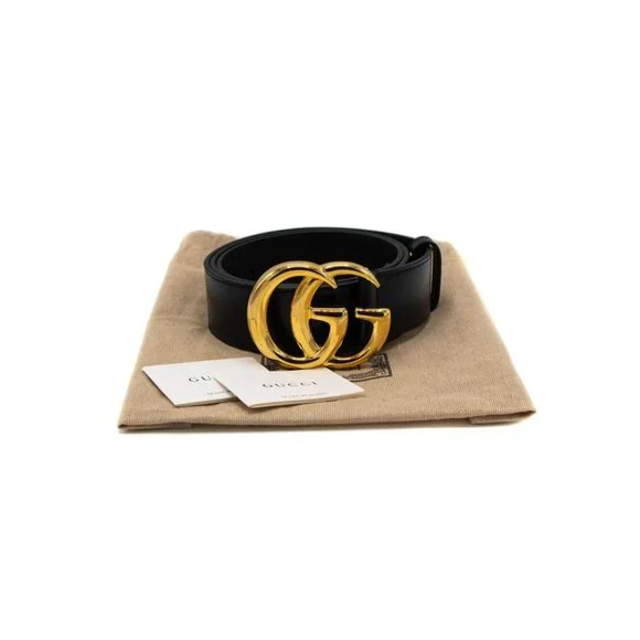 Gucci Marmont Black Leather Belt with Shiny Gold Buckle (Size Gucci 110) GG Marmont wide belt with shiny buckle in black leather  main image 3